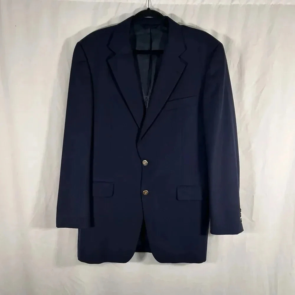 Burberry Blazer Jacket 42 Long Blue 100% Wool 2 Button Front Pockets Office Work